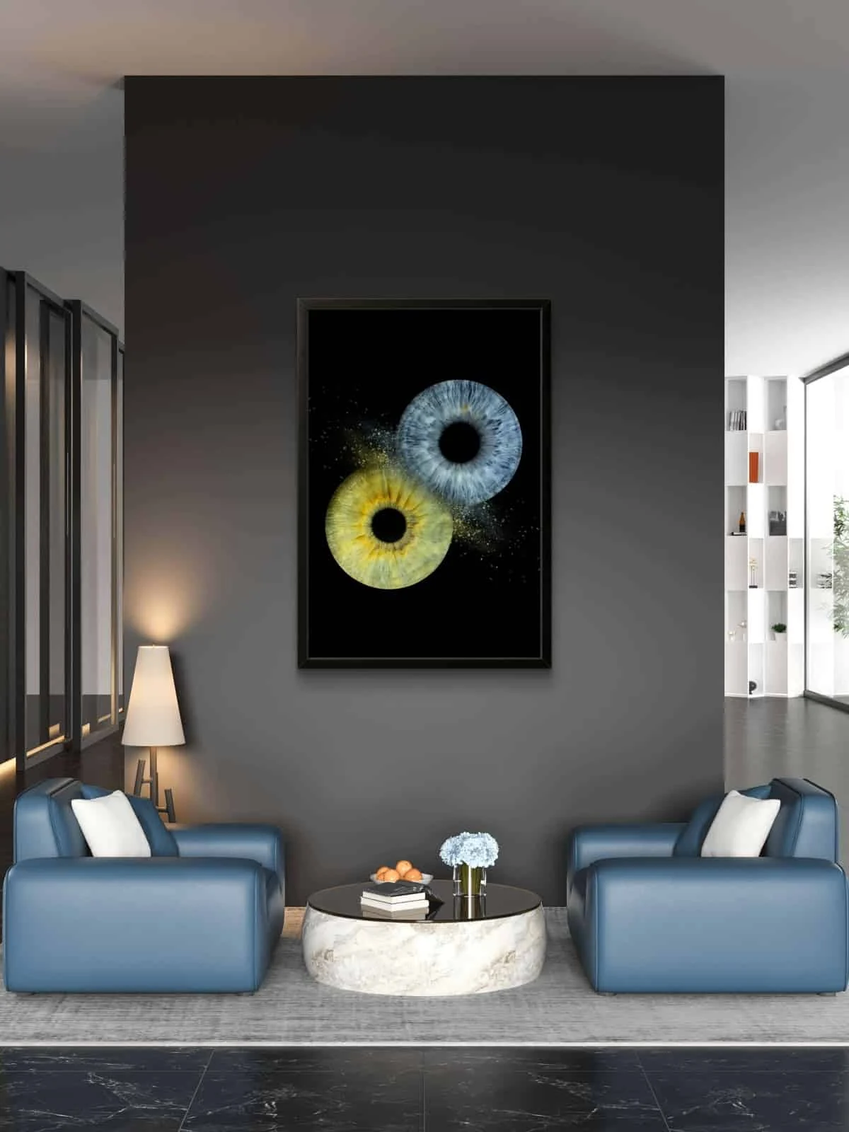 Mise en situation d’un tableau d’iris pour illustrer plexiglas.