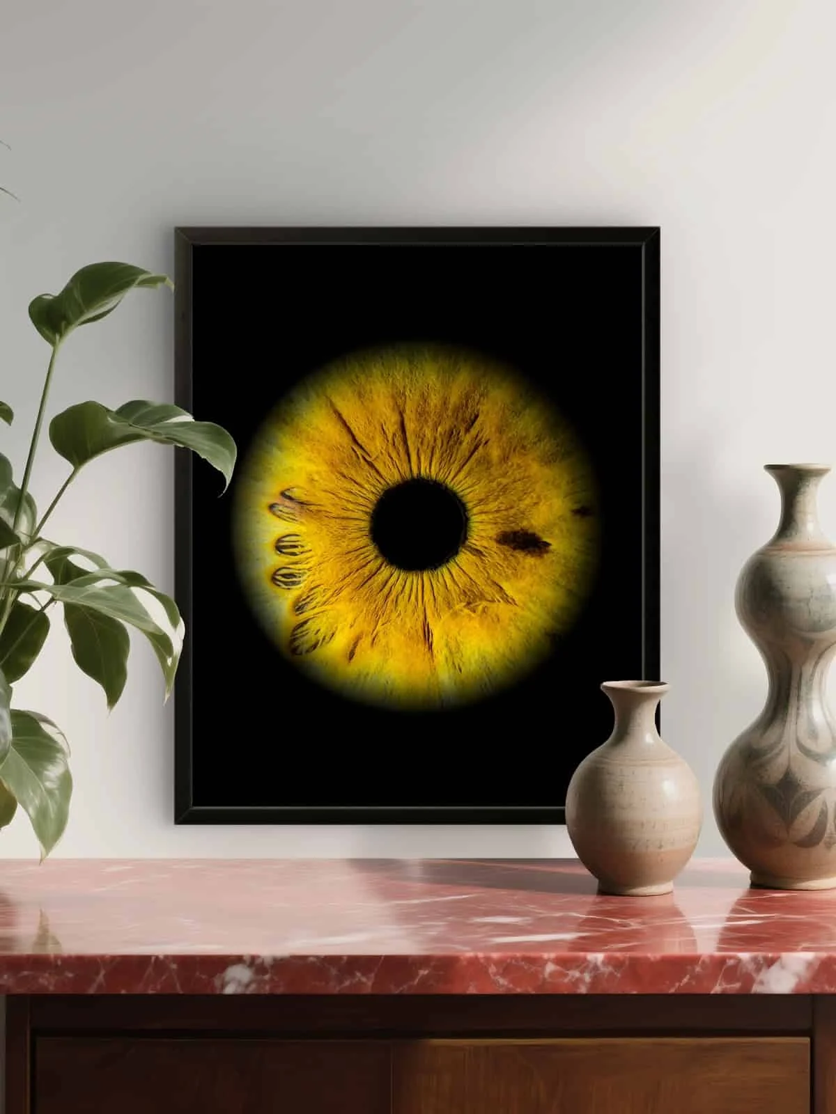 Mise en situation d’un tableau d’iris pour illustrer papier photo.