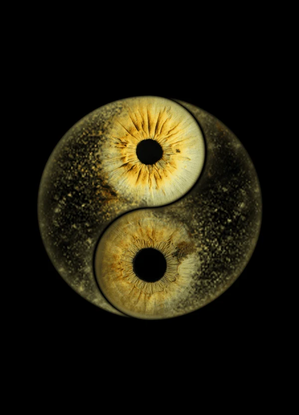 Deux iris réunis en une forme circulaire évoquant le yin et le yang.