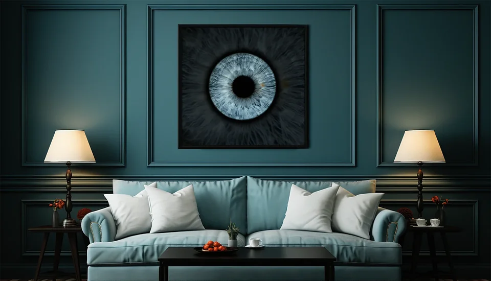 Mise en situation : un tableau d’iris bleu dans un salon aux tons bleu-vert.