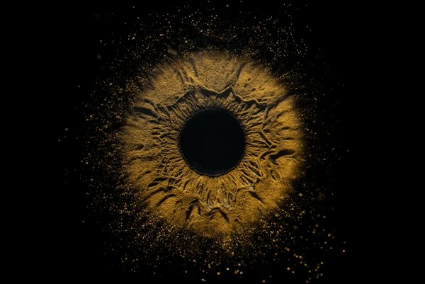 Un iris ambré entouré d’un effet de particules dans Solo Splash.